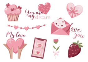 Valentines day stickers set, love symbol objects and cute lettering. png