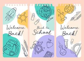 Back to school. Set of bright modern story templates in sketch style and pastel colors. Educational attributes - globe, alarm clock, backpack, notepad. For advertising banner, website, sale flyer. vector