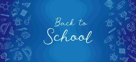 Back to school. Bright modern banner in doodle style. Chalk drawings on the blackboard. Learning symbols. Writing utensils pens, pencils and rulers. For advertising banner, website, poster, sale flyer vector