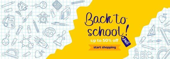 Back to school. Bright modern banner in doodle style. A sheet from a notebook with drawings. Learning symbols. Writing utensils pens, pencils and rulers. For advertising banner, website, sale flyer vector