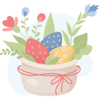 basket with Easter eggs and flowers png