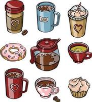 ilustración con bodegones de juego de té y cupcakes. ilustración vector