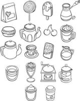 Set of various cups with tea or coffee, coffee pots, teapots.   vector line