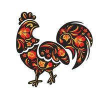 pintura de gallo khokhloma negro y rojo, pollo boho, vintage, ilustración vector