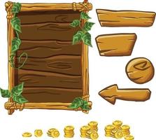 Cartoon game panels in jungle style against a dark background, wooden elements with leaves. Vector illustration