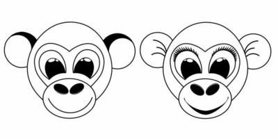 set cute Monkey, girl and boy monkey black and white outline for coloring book. vector