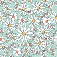 Seamless pattern retro 1970s hippie background with colorful flower chamomile in vintage style illustration with positive vector