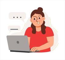 A woman works at a laptop and conducts business correspondence. The concept of a business idea, startup, organization, brainstorming. Vector illustration flat isolated