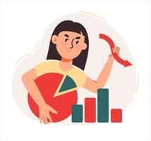 A woman studies statistics on graphs and charts. The concept of a business idea, startup, organization, brainstorming. Vector illustration flat isolated