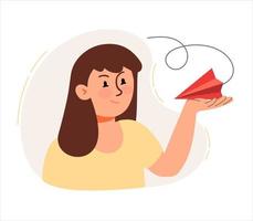 A woman catches a message airplane with her hand. The concept of a business idea, startup, organization, brainstorming, problem solving. Vector illustration flat isolated