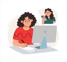 A woman works at a computer and conducts business correspondence. The concept of a business idea, startup, organization, brainstorming. Vector illustration flat isolated