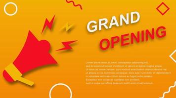 Grand opening banner template design with megaphone and typography on gradient yellow background. Vector illustration. EPS 10.