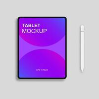 Tablet and pen mockup with gradient touch screen on grey background. Realistic tablet device mockup. Vector illustration. EPS 10.