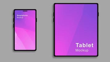 Tablet and smartphone mockup with gradient touch screen on grey background. Realistic tablet device mockup. Vector illustration. EPS 10.