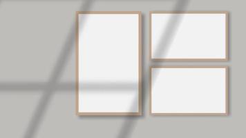 Blank poster frame mockup on grey wall with shadow overlay. Vector illustration. EPS 10.