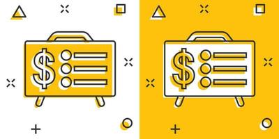 Financial presentation icon in comic style. Money analysis cartoon vector illustration on white isolated background. Marketing chart splash effect business concept.