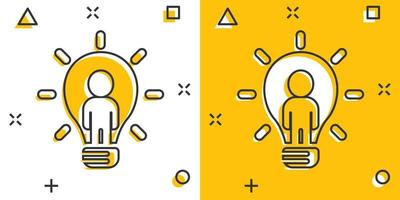 People with bulb icon in comic style. idea cartoon vector collection illustration on white isolated background. Brain mind splash effect business concept.