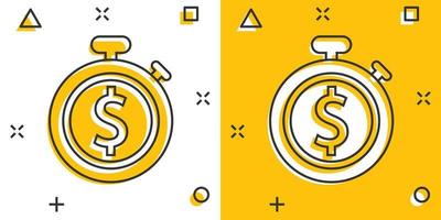 el tiempo es icono de dinero en estilo cómico. reloj con ilustración de vector de dibujos animados de dólar sobre fondo blanco aislado. concepto de negocio de efecto de salpicadura de moneda.