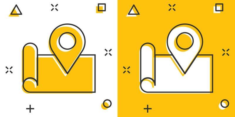 Map pin icon in comic style. GPS navigation cartoon vector illustration on white isolated background. Locate position splash effect business concept.