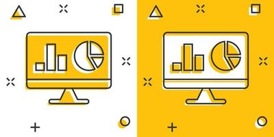 icono de análisis de sitios web en estilo cómico. ilustración vectorial de dibujos animados de datos seo sobre fondo blanco aislado. concepto de negocio de efecto de salpicadura de diagrama de computadora. vector