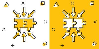 icono de rompecabezas en estilo cómico. ilustración vectorial de dibujos animados compatible con la solución sobre fondo blanco aislado. concepto de negocio de efecto de salpicadura de combinación. vector