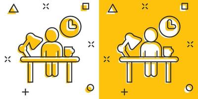 gente con lámpara de mesa e icono de reloj en estilo cómico. ilustración de vector de dibujos animados de espacio de coworking sobre fondo blanco aislado. concepto de negocio de efecto de salpicadura de lugar de trabajo independiente.