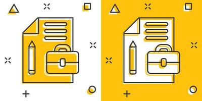 nota de documento con icono de pluma en estilo cómico. lápiz de hoja de papel y ilustración vectorial de dibujos animados de maletín sobre fondo blanco. concepto de negocio de efecto de salpicadura de documento de bloc de notas. vector