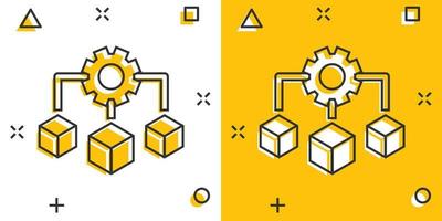 ícono de tecnología api en estilo cómico. ilustración de vector de dibujos animados de algoritmo sobre fondo blanco aislado. engranaje con concepto de negocio de efecto de salpicadura de flecha.