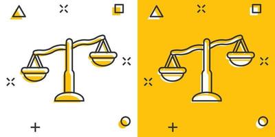 Scale balance icon in comic style. Justice cartoon vector illustration on white isolated background. Judgment splash effect business concept.