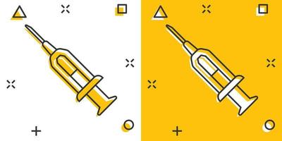 Syringe icon in comic style. Inject needle cartoon vector illustration on white isolated background. Drug dose splash effect business concept.