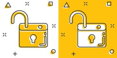 Locker icon in comic style. Padlock password cartoon vector illustration on white isolated background. Key unlock splash effect business concept.