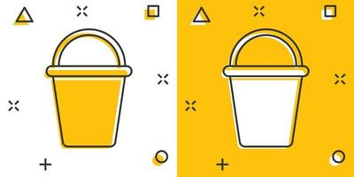 Bucket icon in comic style. Garbage pot cartoon vector illustration on white isolated background. Pail splash effect business concept.