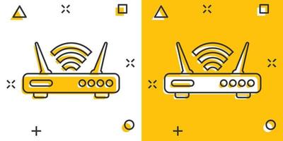 icono de enrutador wifi en estilo cómico. ilustración vectorial de dibujos animados de banda ancha sobre fondo blanco aislado. concepto de negocio de efecto de salpicadura de conexión a Internet. vector