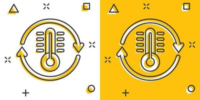 icono de control climático del termómetro en estilo cómico. Ilustración de vector de dibujos animados de equilibrio meteorológico sobre fondo blanco aislado. concepto de negocio de efecto de salpicadura de temperatura fría y caliente.