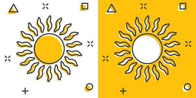 icono de sol en estilo cómico. ilustración de vector de signo de dibujos animados de luz solar sobre fondo blanco aislado. concepto de negocio de efecto de salpicadura de luz diurna.