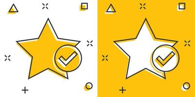 Check mark with star icon in comic style. Add to favorite cartoon vector illustration on white isolated background. Bookmark splash effect business concept.