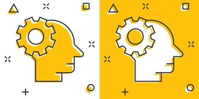 Human head with cogwheel icon in comic style. Technology progress cartoon vector illustration on white isolated background. Face and gear splash effect business concept.