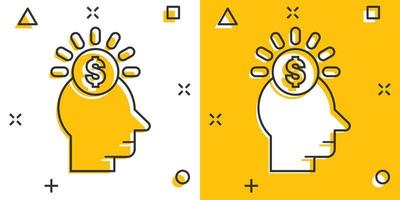 Human head with money icon in comic style. Career progress cartoon vector illustration on white isolated background. Face and dollar coin splash effect business concept.