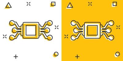 icono de chip de computadora en estilo cómico. ilustración de vector de dibujos animados de placa de circuito sobre fondo blanco aislado. concepto de negocio de efecto de salpicadura de procesador de cpu.