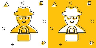 Fraud hacker icon in comic style. Spy cartoon vector illustration on isolated background. Cyber defend splash effect business concept.