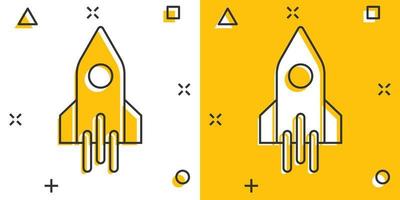 Rocket icon in comic style. Spaceship launch cartoon vector illustration on white isolated background. Sputnik splash effect business concept.