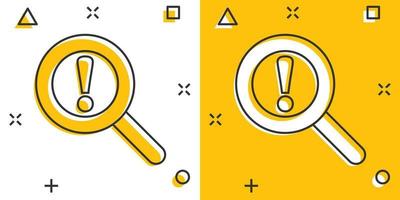 Risk analysis icon in comic style. Exclamation magnifier cartoon vector illustration on white isolated background. Attention splash effect business concept.