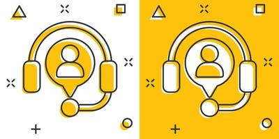 Helpdesk icon in comic style. Headphone cartoon vector illustration on white isolated background. Chat operator splash effect business concept.