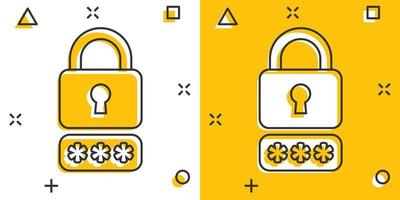Login icon in comic style. Password access cartoon vector illustration on white isolated background. Padlock entry splash effect business concept.