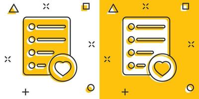 Wishlist icon in comic style. Like document cartoon vector illustration on white isolated background. Favorite list splash effect business concept.