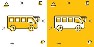 icono de autobús en estilo cómico. ilustración de vector de dibujos animados de entrenador sobre fondo blanco aislado. concepto de negocio de efecto de salpicadura de vehículo autobus.