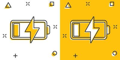 Battery charge icon in comic style. Power level cartoon vector illustration on white isolated background. Lithium accumulator splash effect business concept.