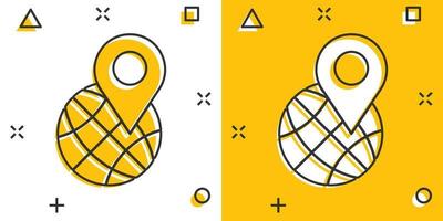 Global navigation icon in comic style. Globe pin gps cartoon vector illustration on white isolated background. Planet direction splash effect business concept.