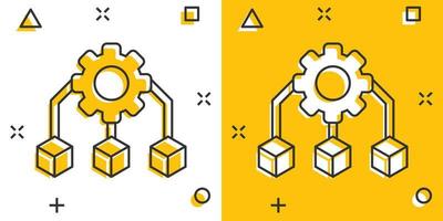 ícono de tecnología api en estilo cómico. ilustración de vector de dibujos animados de algoritmo sobre fondo blanco aislado. engranaje con concepto de negocio de efecto de salpicadura de flecha.