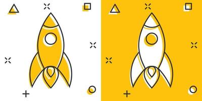 Rocket icon in comic style. Spaceship launch cartoon vector illustration on white isolated background. Sputnik splash effect business concept.